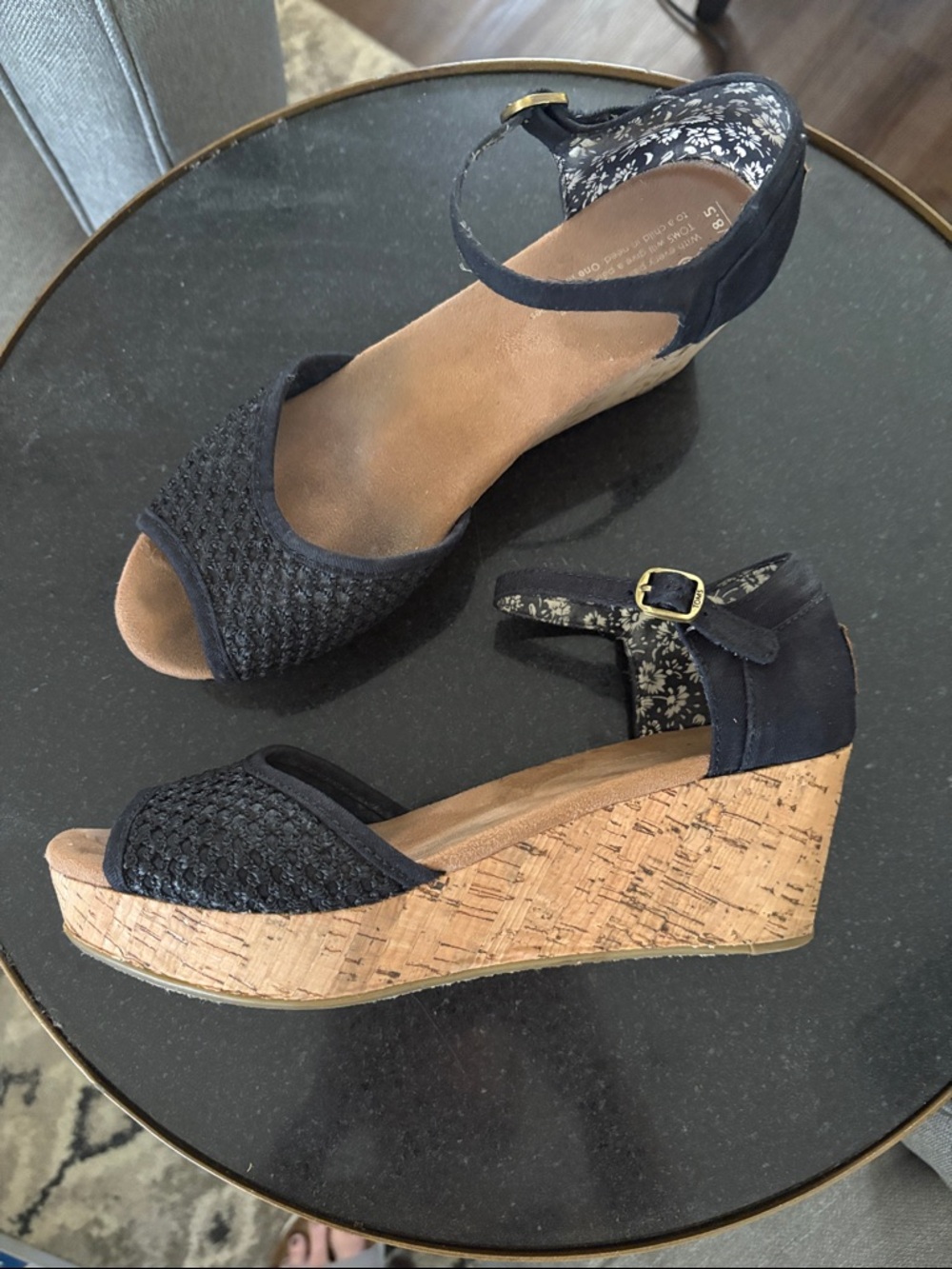 Toms Black Wedge Sandals with Ankle Strap